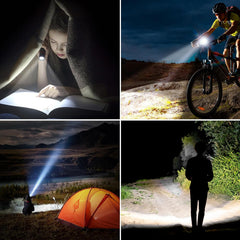 Collage of people using flashlights in various settings including reading, cycling, camping, and hiking.