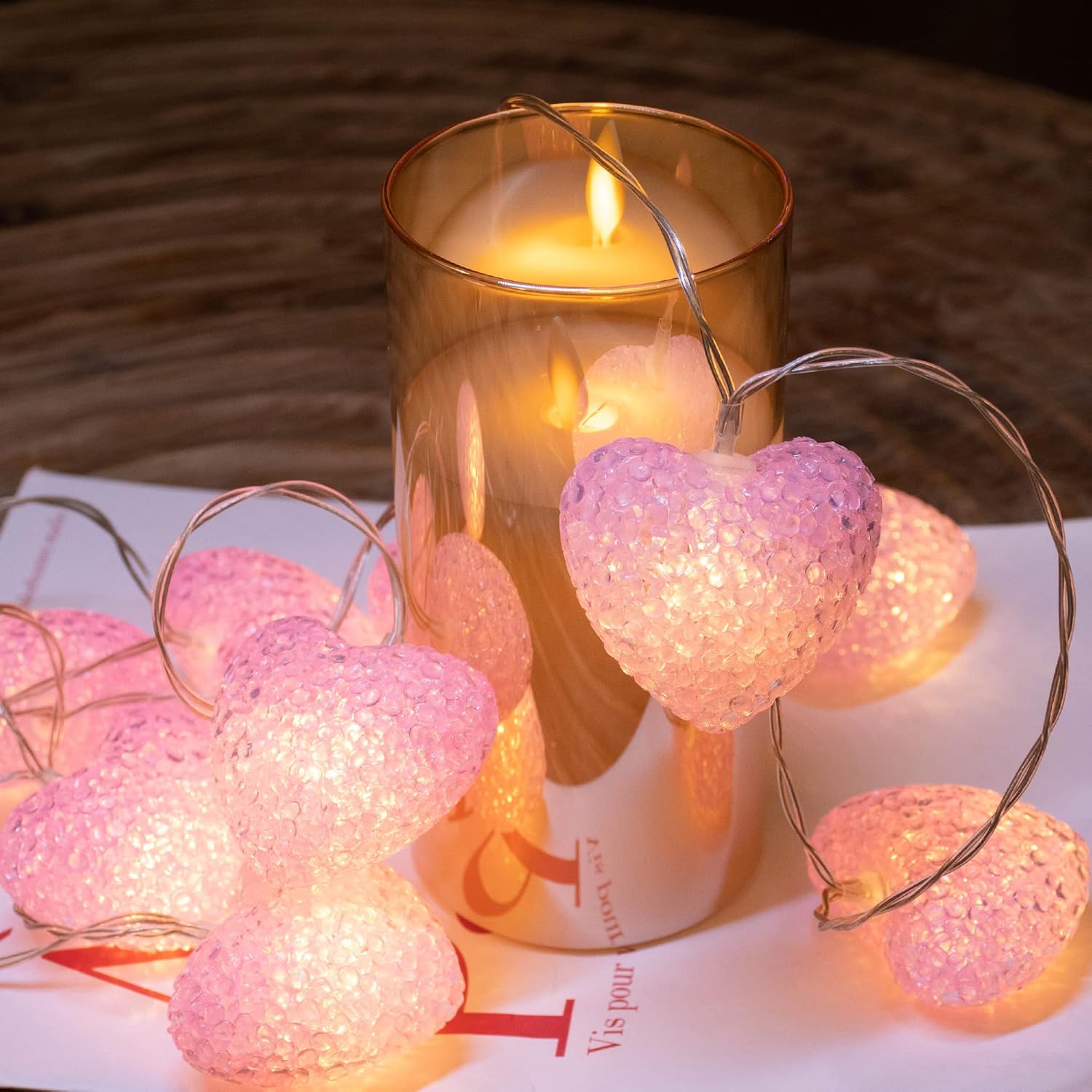 Pink Heart LED Fairy String Lights, 2m Battery Operated with Timer, Warm White Decorative Lighting