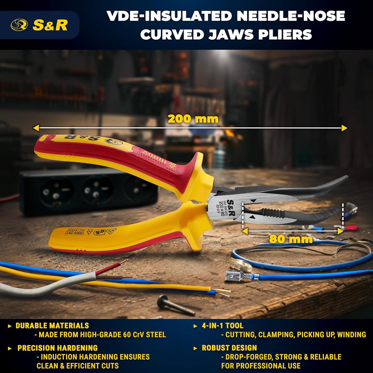 S&R VDE Bent Nose Pliers 200mm – Curved Jaw, Insulated