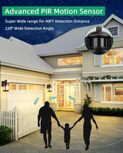 Advanced PIR motion sensor with family silhouette in front of a house, highlighting detection range and angle.