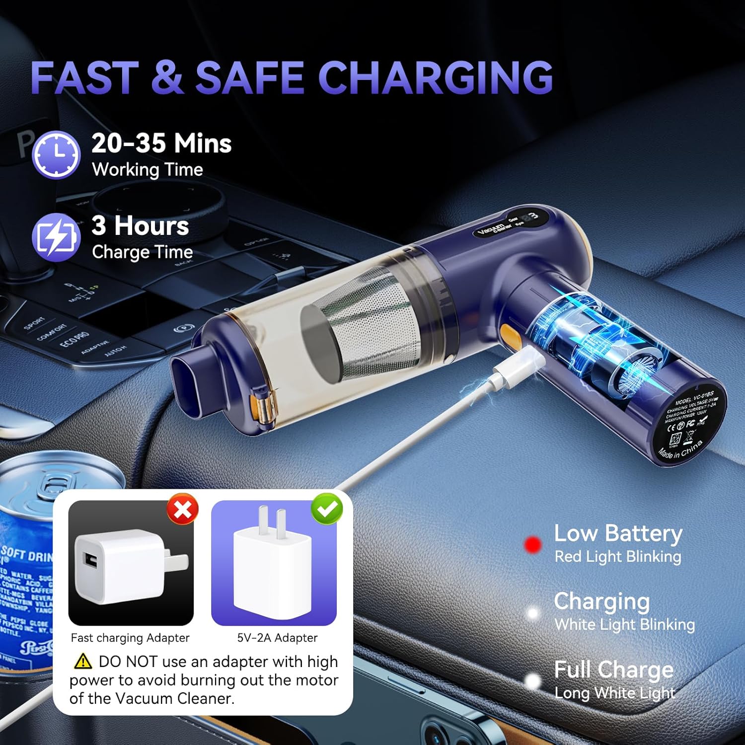 Car Vacuum Cleaner Cordless 15000Pa Handheld with LED Display – Purple