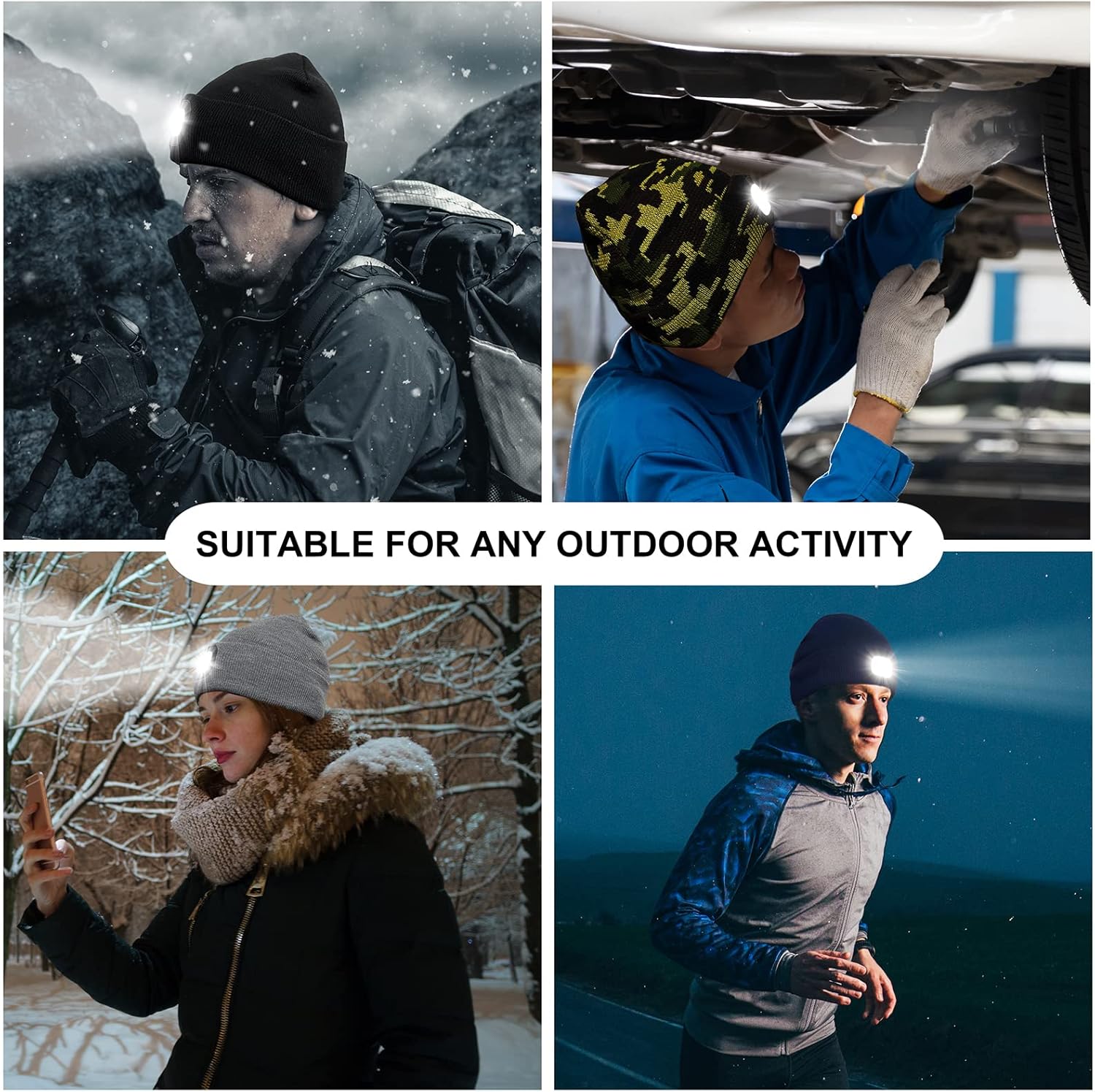 Four scenes showing people in various outdoor settings with text 'Suitable for any outdoor activity'.