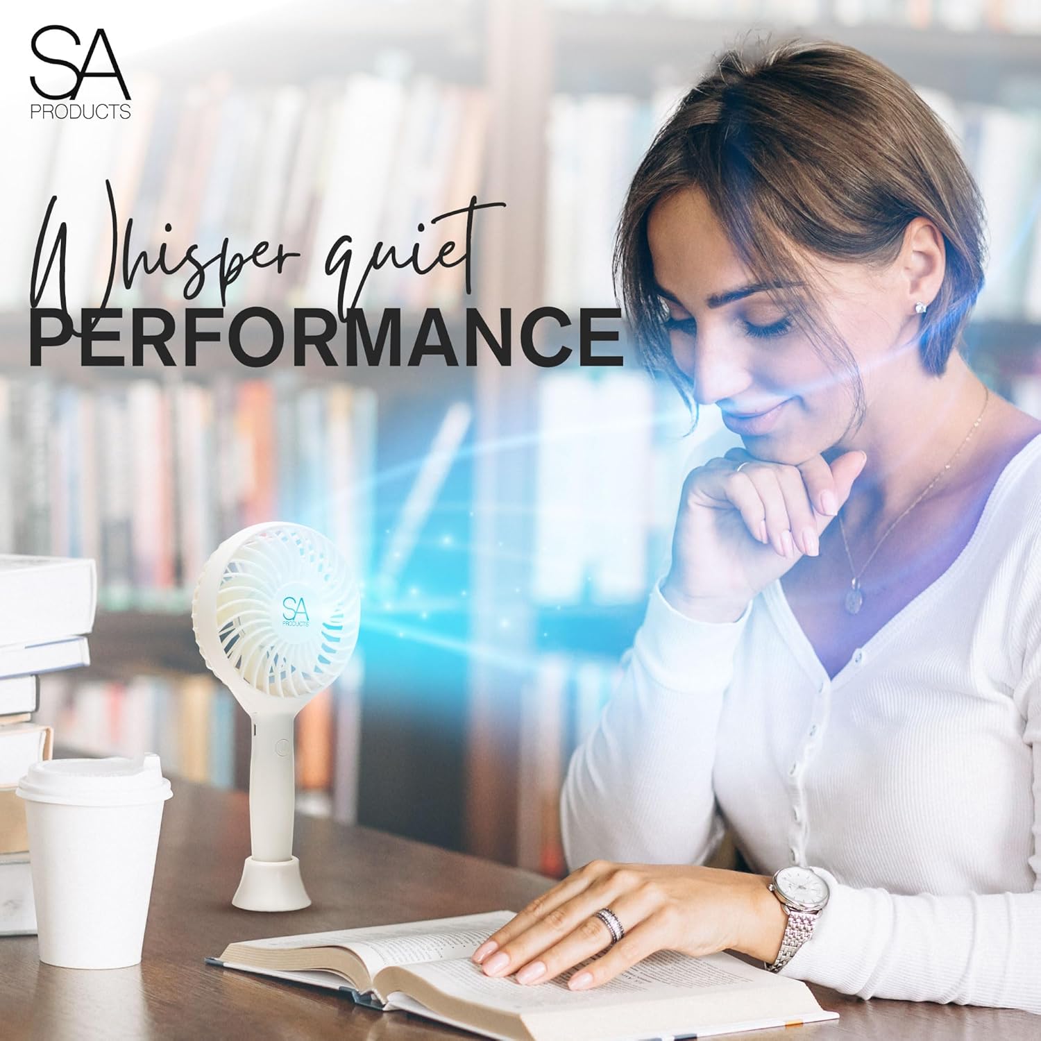 SA Products Handheld Fan with 3 Speeds | 3000 mAh USB Rechargeable Portable Mini Fan with Stand | Desk & Handheld Use – White