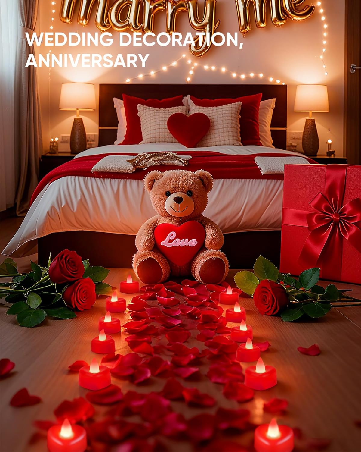 Heart Love Battery Operated Flameless LED Tea Lights with Artificial Rose Petals – 12 Pack Romantic Decor