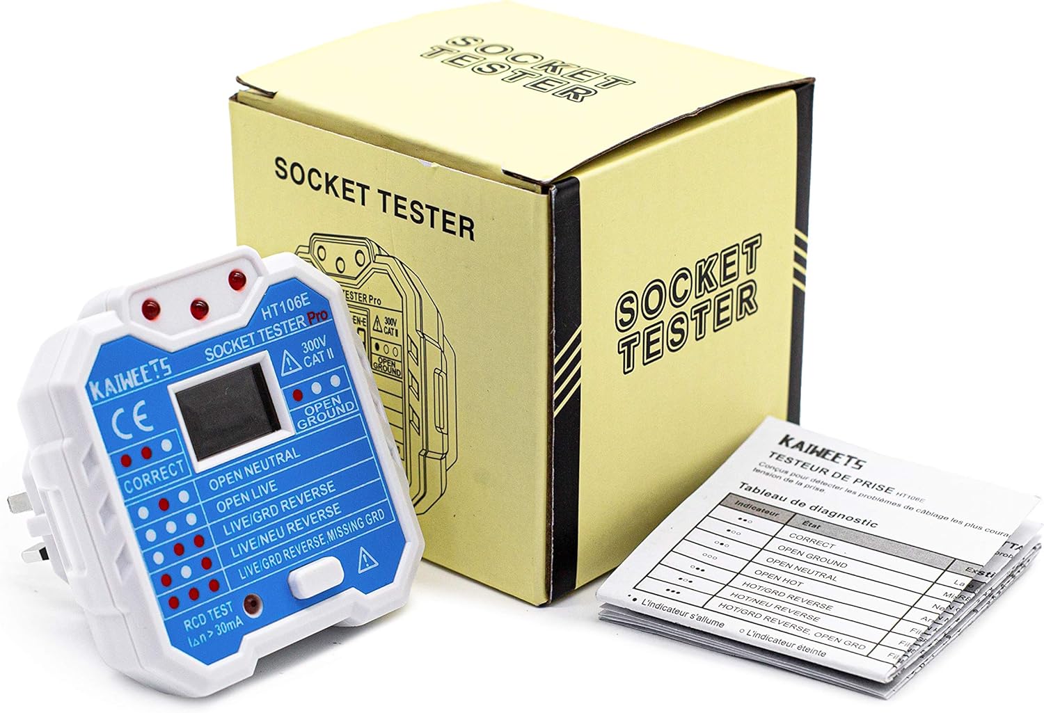 KAIWEETS HT106E Socket Tester UK, RCD Plug Socket Tester Electrical Voltage Tester with LCD Display for Neutral/Live/EarthWire/RCD Testing, CAT II 300V, Includes 7 Visual Indications and Wiring Legend