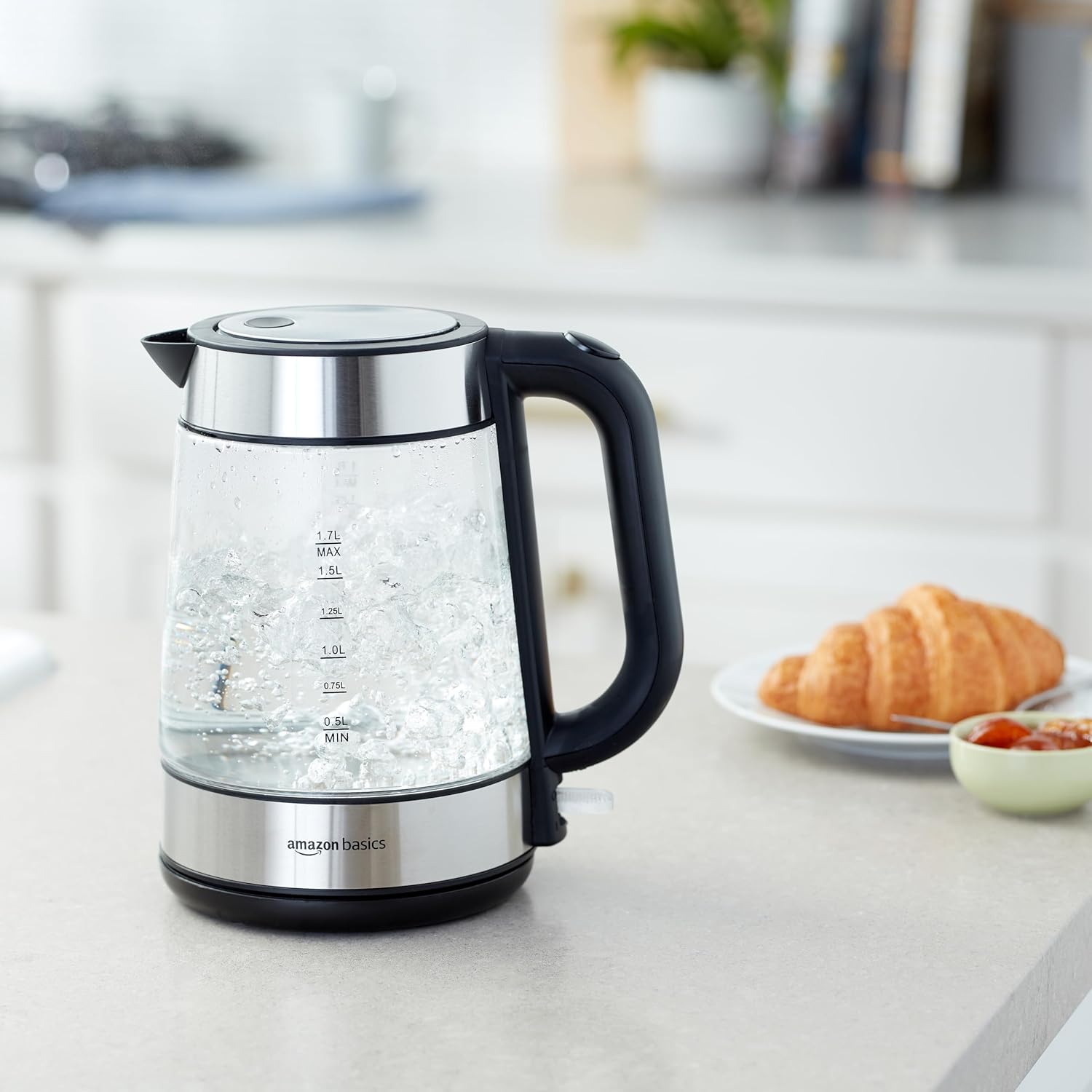 Amazon Basics 1.7L Electric Glass Kettle – Fast Boil 2200W, LED Illumination, Auto Shut-Off, Cordless Design – Black/Silver