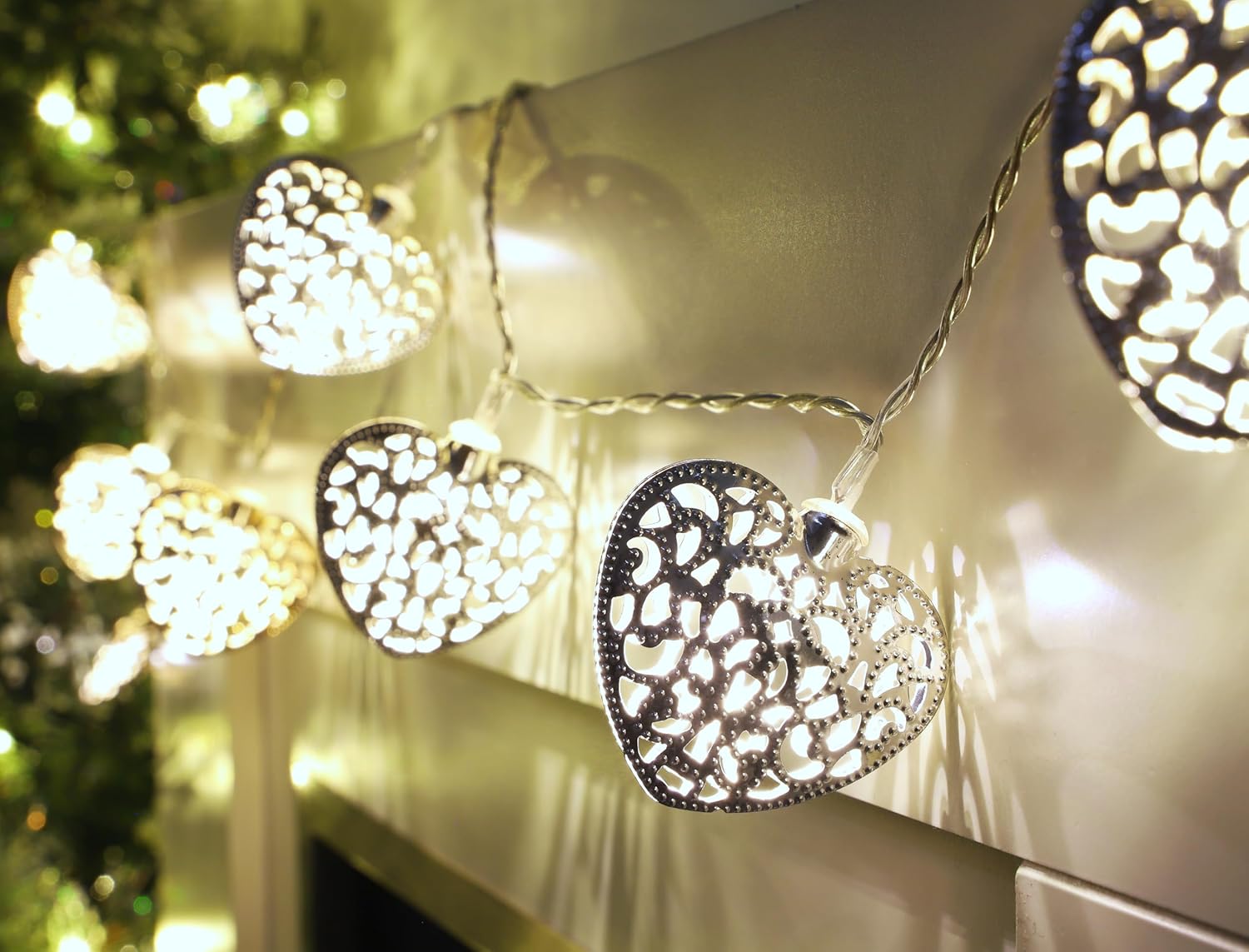 10 Warm White LED Metal Silver Heart-Shaped Lights—Perfect for Christmas and Everyday Décor