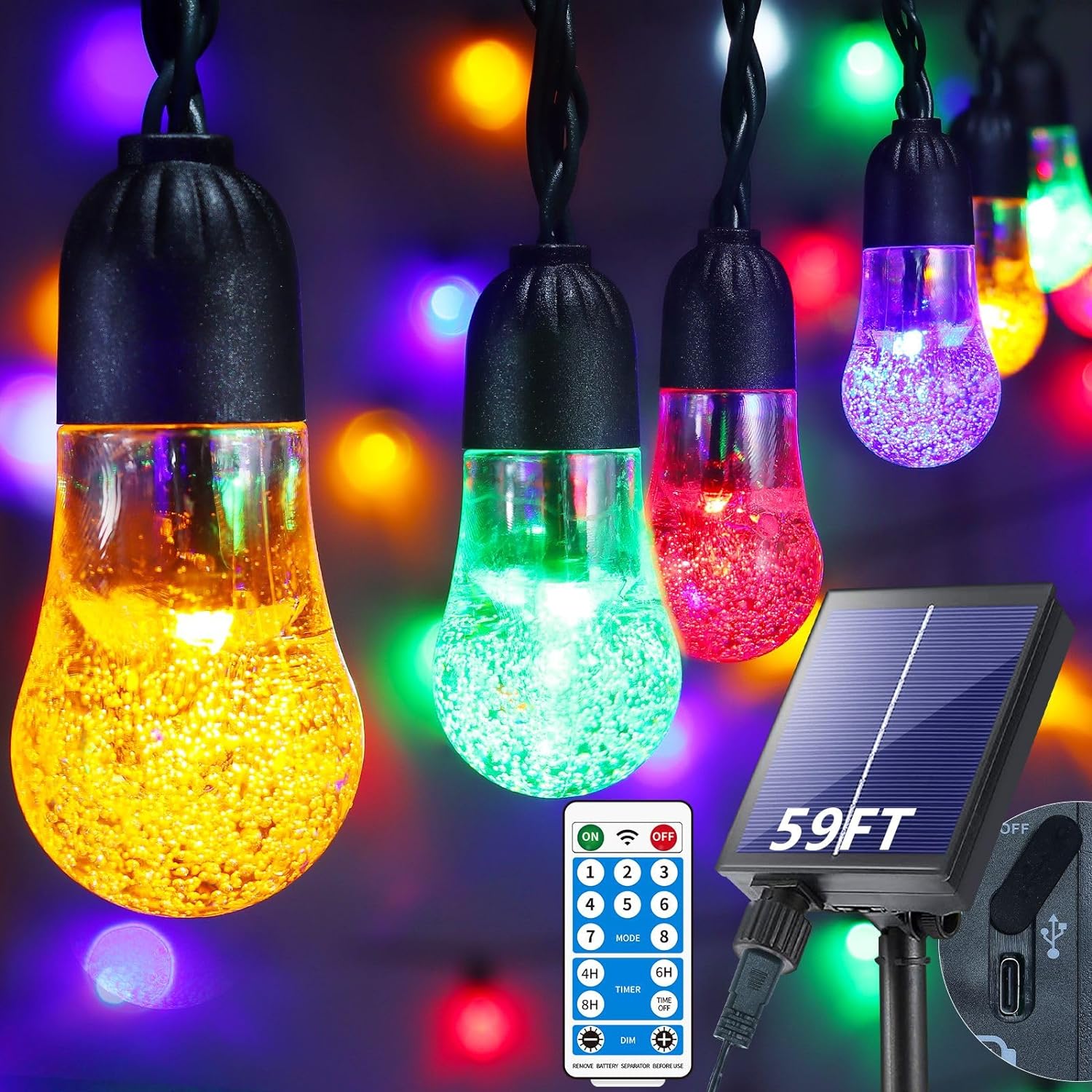 Solar String Lights Garden, 59Ft 50LED Coloured Solar Crystal Balls Lights Outdoor Waterproof 8 Modes Remote Control for Garden, Patio, Yard, Home, Wedding, Christmas, Party (Multicolour)