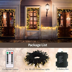 2 Pack Warm White Battery Fairy Lights 5M Green Wire with Remote & Timer