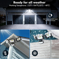 Outdoor lights with temperature range and weather resistance features displayed on a garage door.
