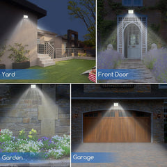 Collage of outdoor lighting fixtures in a yard, front door, garden, and garage.