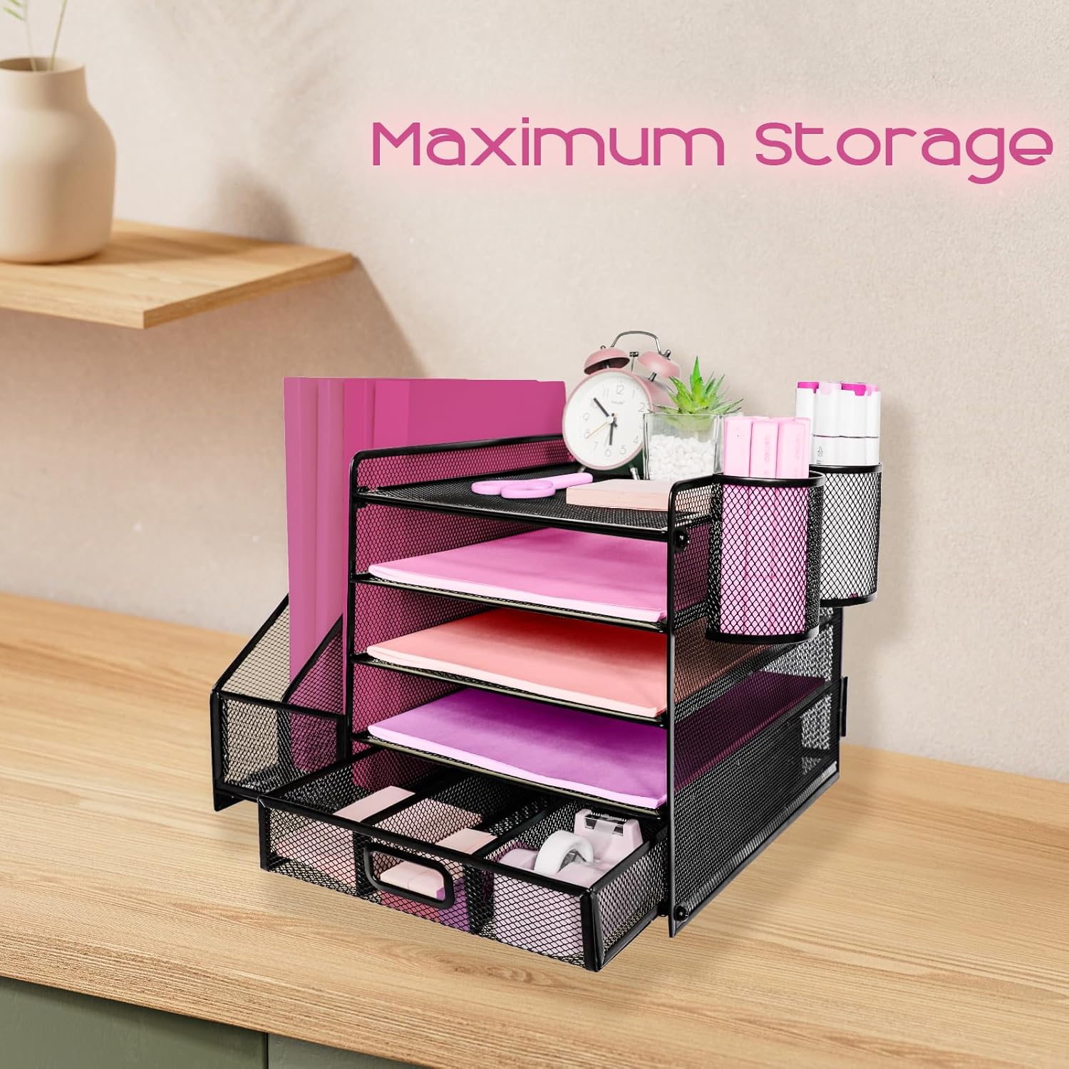 Desk Organiser with 2 Magazine Holders, 5-Tier Paper Tray, Drawer & Pen Holders – Black