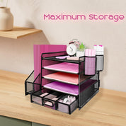 Desk Organiser with 2 Magazine Holders, 5-Tier Paper Tray, Drawer & Pen Holders – Black