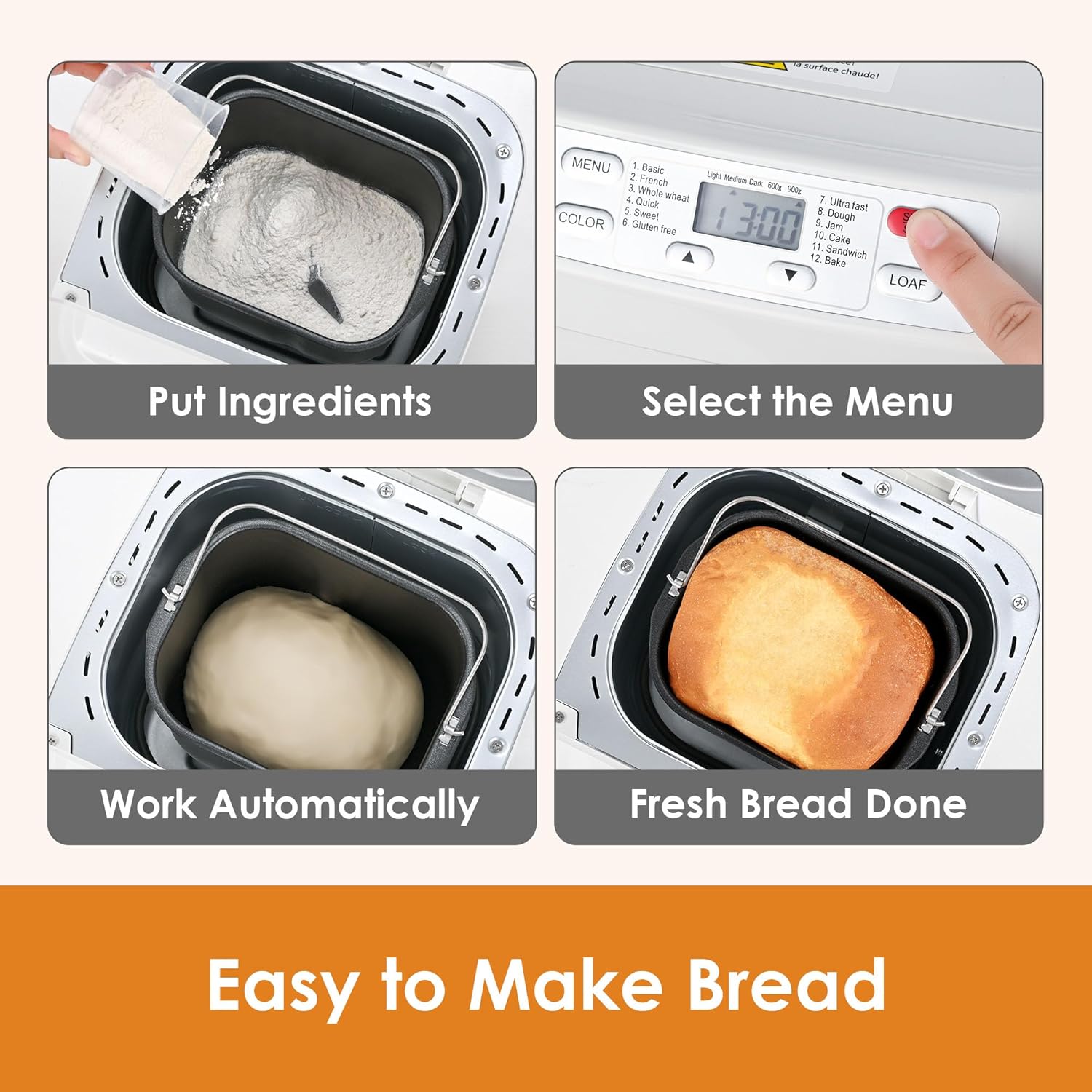 12-in-1 Bread Maker with Gluten-Free Setting & Auto Nut Dispenser – Nonstick Pan, 2 Loaf Sizes, 13H Delay Timer – White