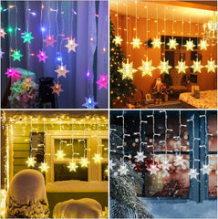 Collage of snowflake string lights in various settings including a room, window, and outdoor scene.