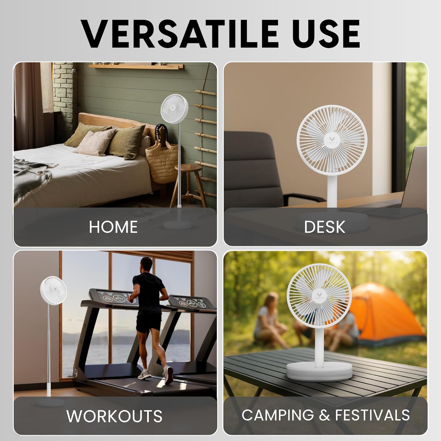 VENTY Portable Fan - Wireless Battery Operated, 48HR Run Time 16000MAH Battery, Oscillating Rechargeable Fans, Remote Control & LED Lighting, Folding Telescopic Camping Fan (White with Case)