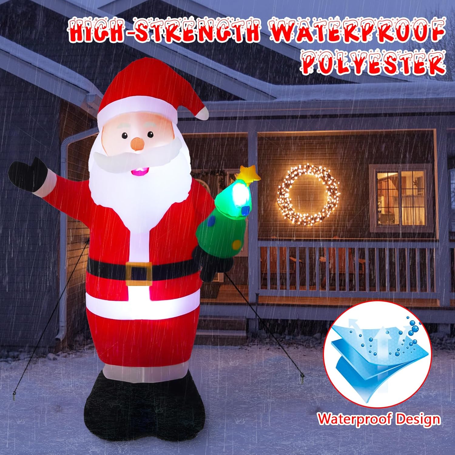 Inflatable Santa with stakes and ropes setup