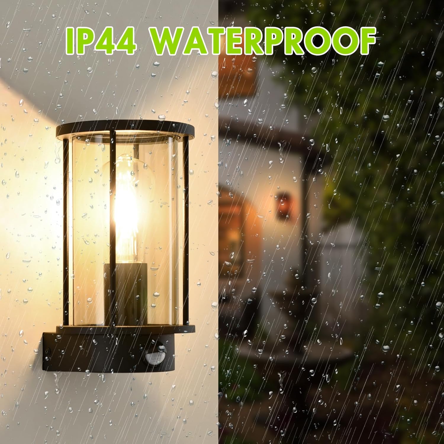 Outdoor Wall Lights with Motion Sensor, Waterproof Anti-Rust Aluminium Wall Lantern Sconce, Black Mains Powered E27 Base Glass Outside Light for Patio Garage Porch (Bulb Not Included)