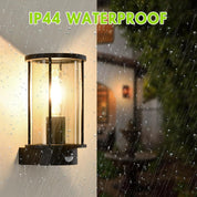 Outdoor Wall Lights with Motion Sensor, Waterproof Anti-Rust Aluminium Wall Lantern Sconce, Black Mains Powered E27 Base Glass Outside Light for Patio Garage Porch (Bulb Not Included)