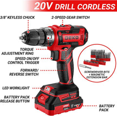 Cordless Drill Tool Kit Set: DEKO 20V Power Drill Tool Box with Battery Electric Drill Driver for Men Home Hand Repair Basic Toolbox Tools Sets Drills Case,186 Pieces(Red)