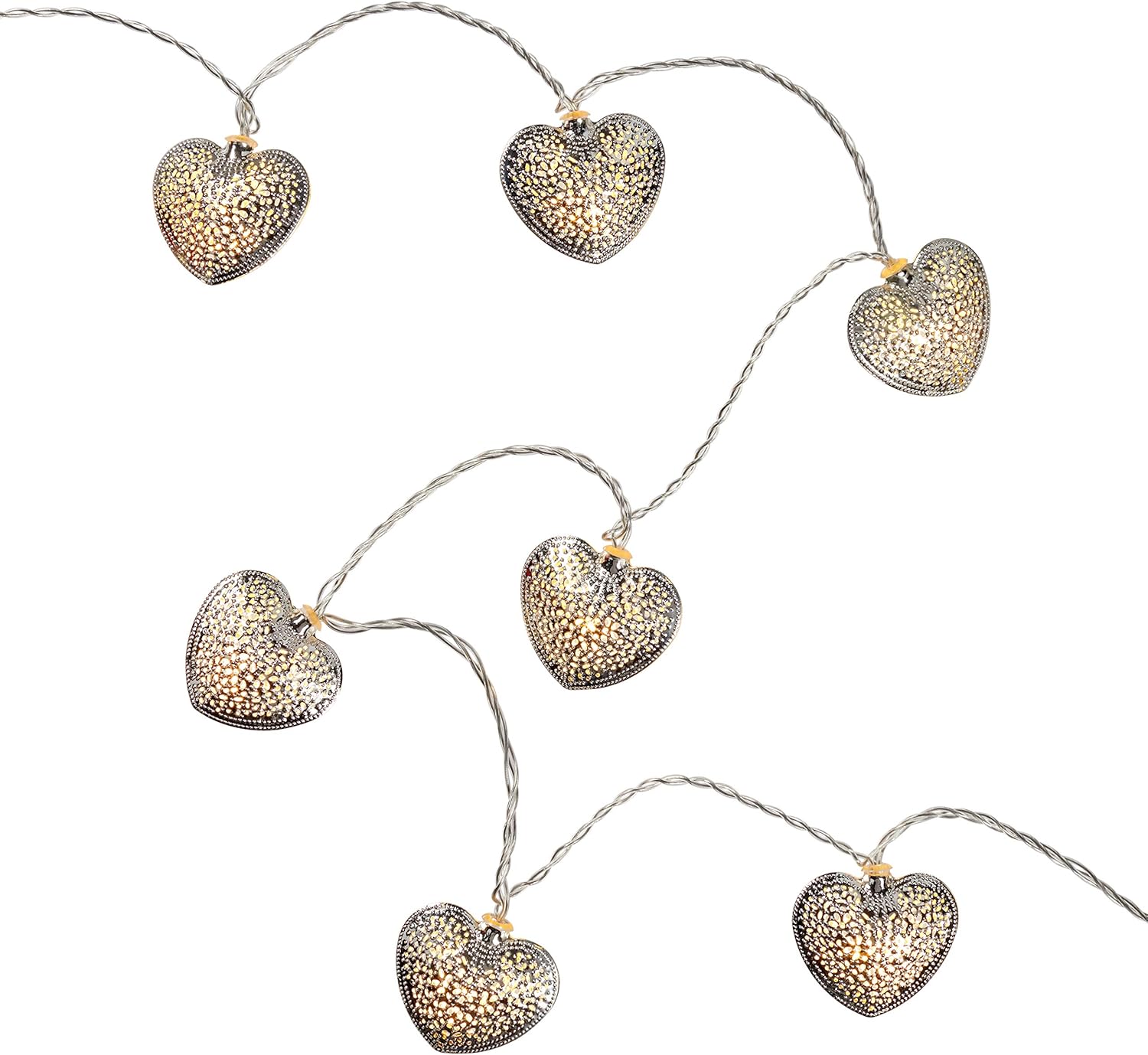 Silver Filigree Metal Love Heart Shaped String Fairy Lights 20 Warm White LEDs Plug in Timer Indoor Use 2.8m