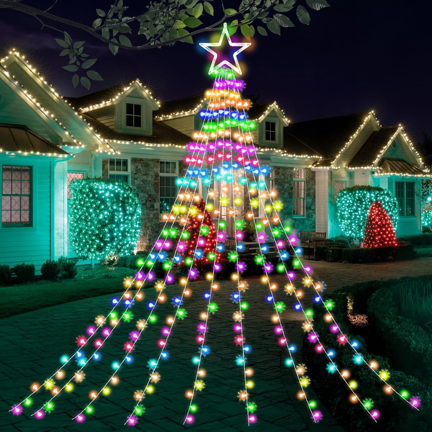 Festive Fix Waterproof Twinkle Christmas Lights with Topper Star – 344 LED Fairy String Lamps with 8 Lighting Modes | Multi Coloured Outdoor and Indoor Blinking Xmas Tree Bulbs for Festive Decorations