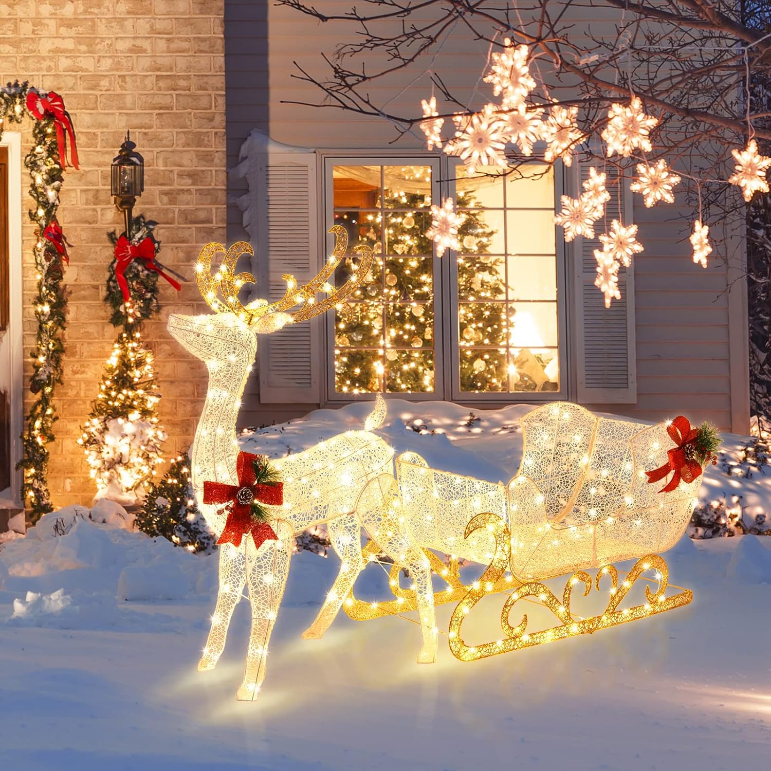 Costway Light Up Reindeer Sleigh Christmas Decoration with 215 Warm White LEDs