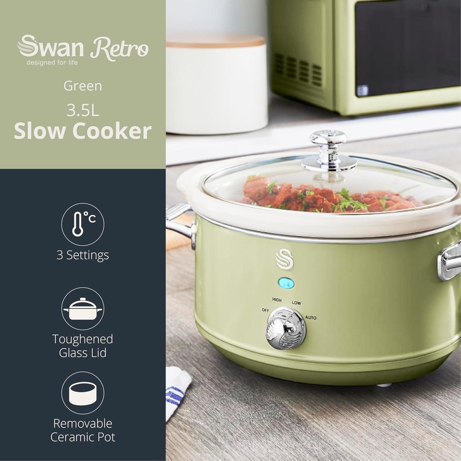 Swan Retro Grey 3.5L Slow Cooker with 3 Heat Settings & Keep Warm – 200W