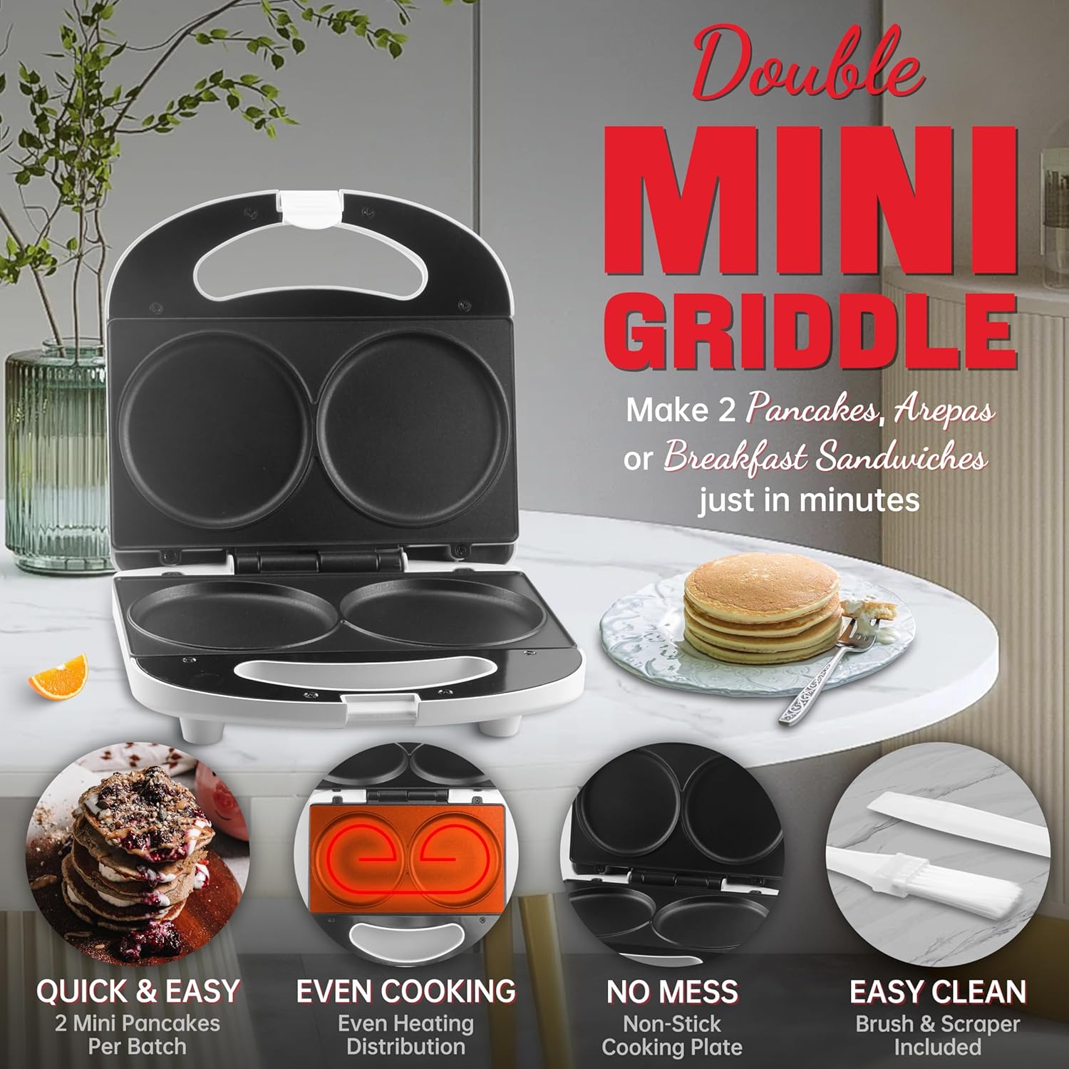 Double Mini Pancake Maker – 2 x 4-Inch Electric Griddle for Pancakes, Arepas, Cookies & Eggs – 230V UK Plug White