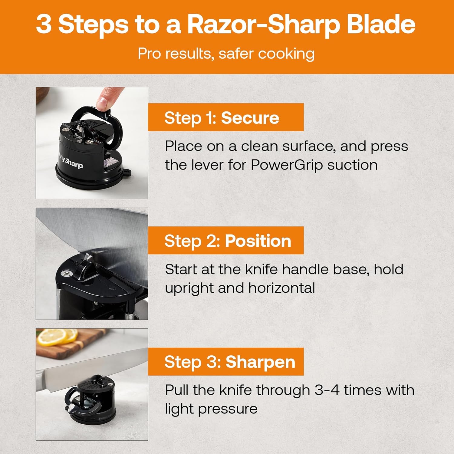 AnySharp Knife Sharpener – PowerGrip Suction Base | Hands-Free Safety | Sharpens All Kitchen Knives | Ideal for Hardened Steel & Serrated