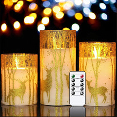 Flameless Red Deer Winter Candles Flickering with Timer, Battery Operated Real Wax Deer Decal Christmas Pillar Candle Lights for Holiday Decor Gift Set of 3