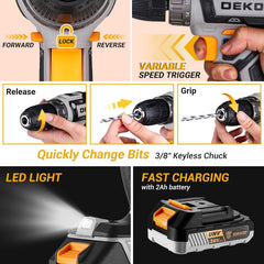 Cordless Drill Tool Kit Set: DEKO 20V Power Drill Tool Box with Battery Electric Drill Driver for Men Home Hand Repair Basic Toolbox Tools Sets Drills Case,186 Pieces