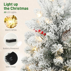 HOMCOM 60cm Prelit Snow Flocked Mini Christmas Tree with LEDs, Pine Cones & Berries