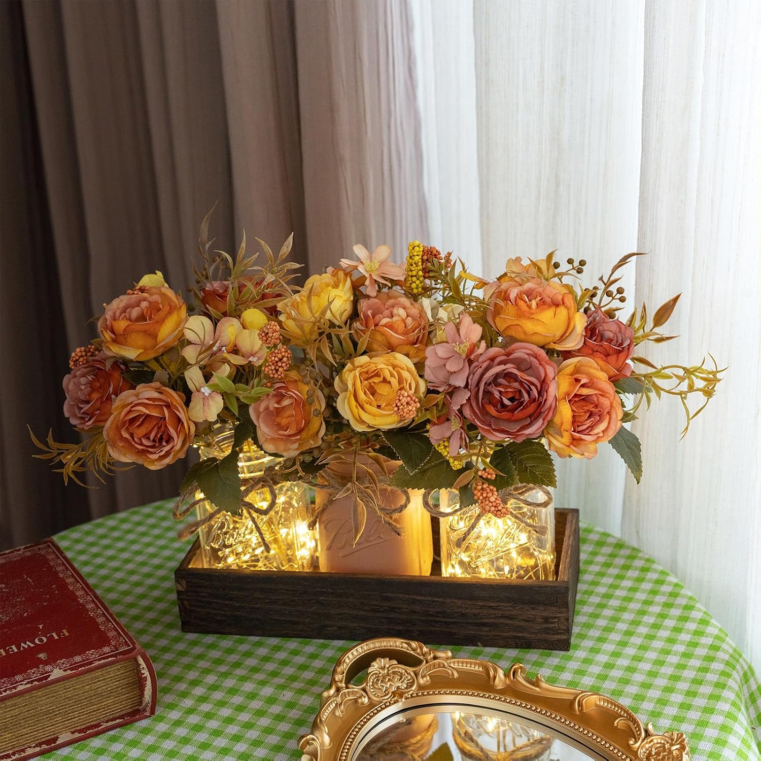 SUNNY BROOK 3PCS Fall Artificial Flowers in Mason Jars with Rustic Tray – Autumn Décor