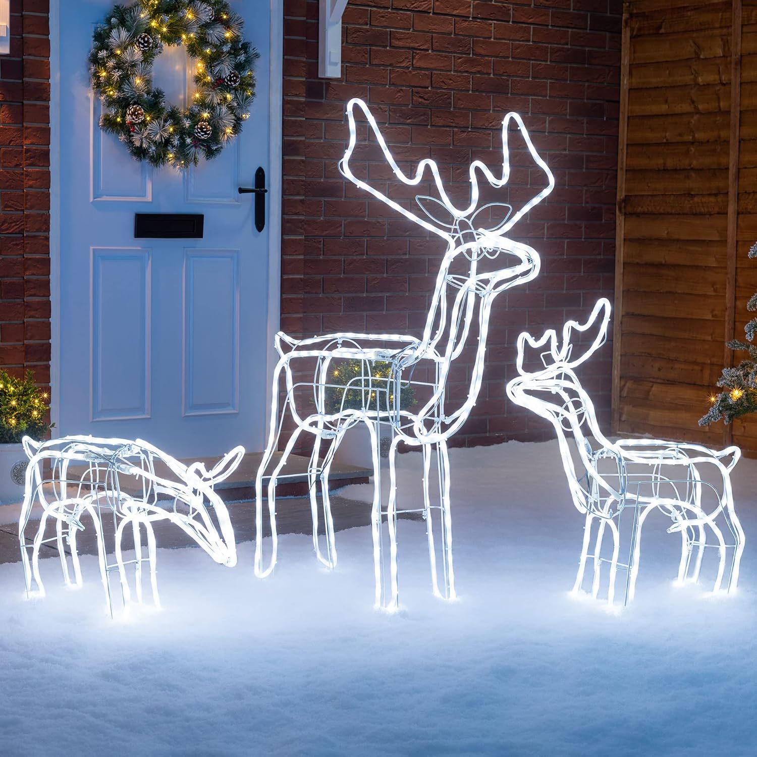 LED Outdoor White Rope Light Set | Reindeer Family Design, Energy efficient, IP44 Waterproof, 3PCs