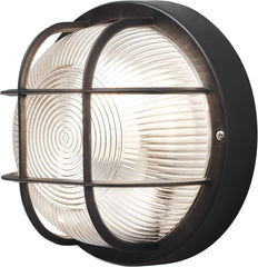 7650-750 Elmas Bulkhead Outdoor Wall Light, Mains Powered, Black, 12cm W x 10.5cm D x 20cm H, 1 x 40W E27 Max, Clear Ribbed Glass, Plastic, IP44 Rating