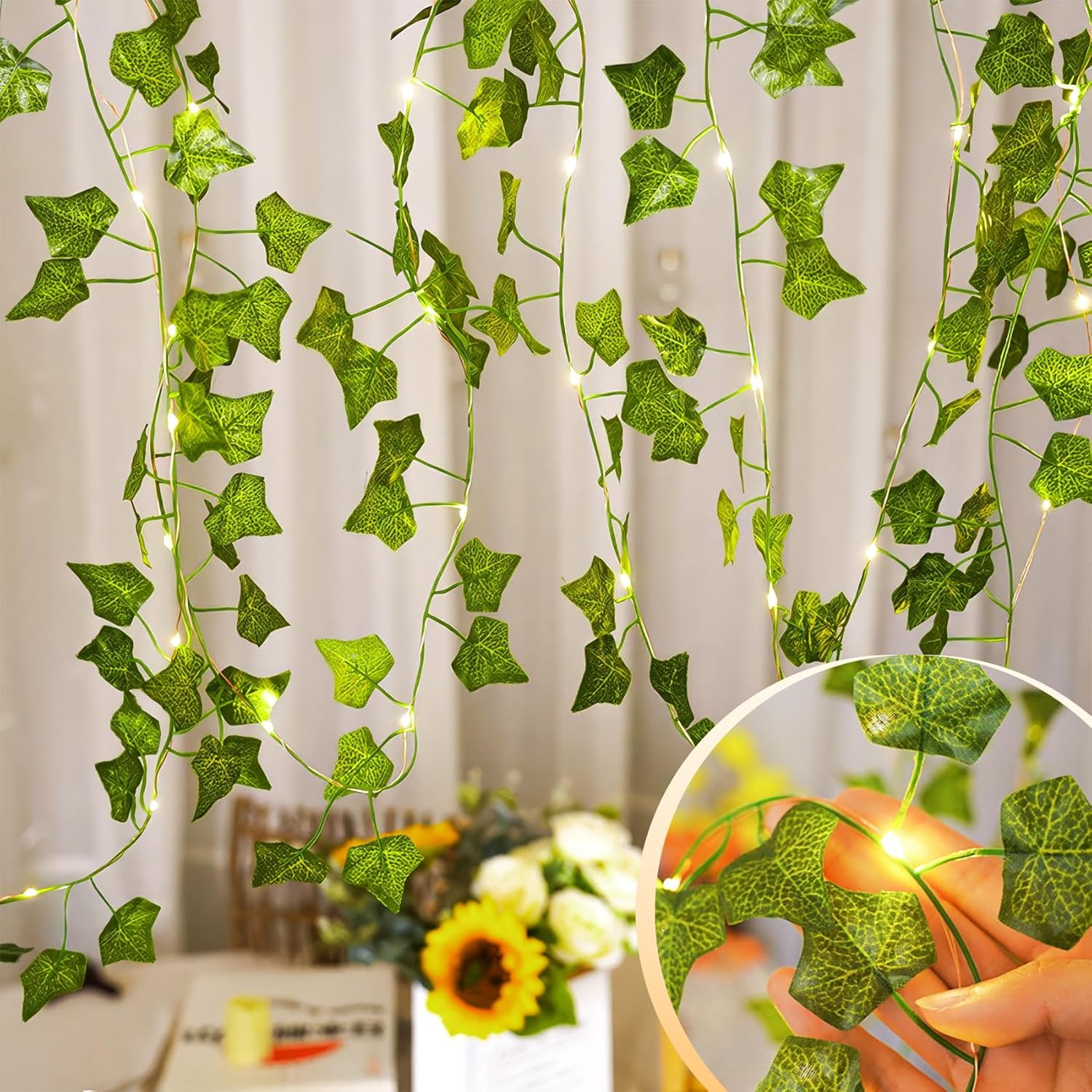 Artificial Ivy Vine Fairy Lights with Remote, 100 LED Warm White Battery and USB Powered Garland for Indoor and Outdoor Wall Décor