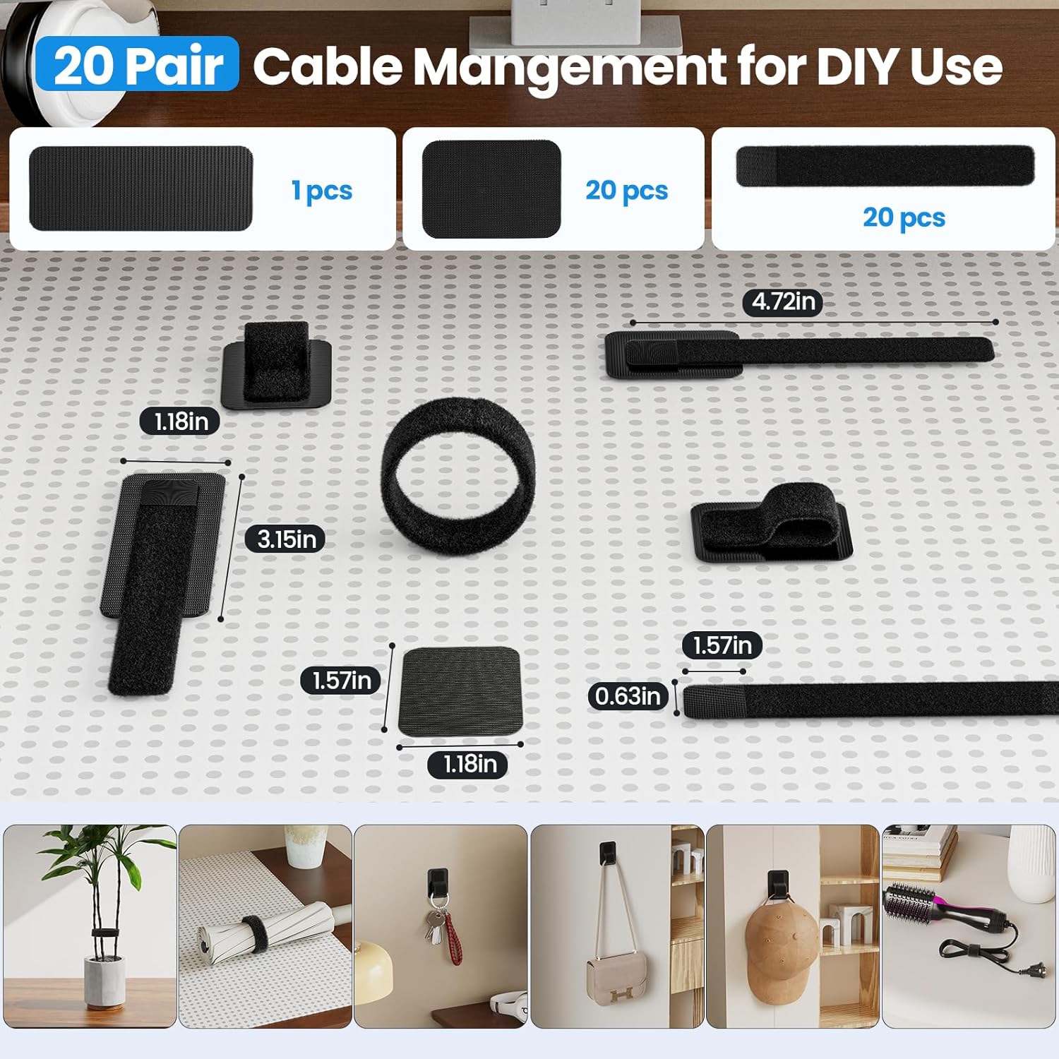 Under Desk Cable Management Kit – 20 Pair Adjustable Cord Organizer, Black