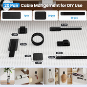 Under Desk Cable Management Kit – 20 Pair Adjustable Cord Organizer, Black