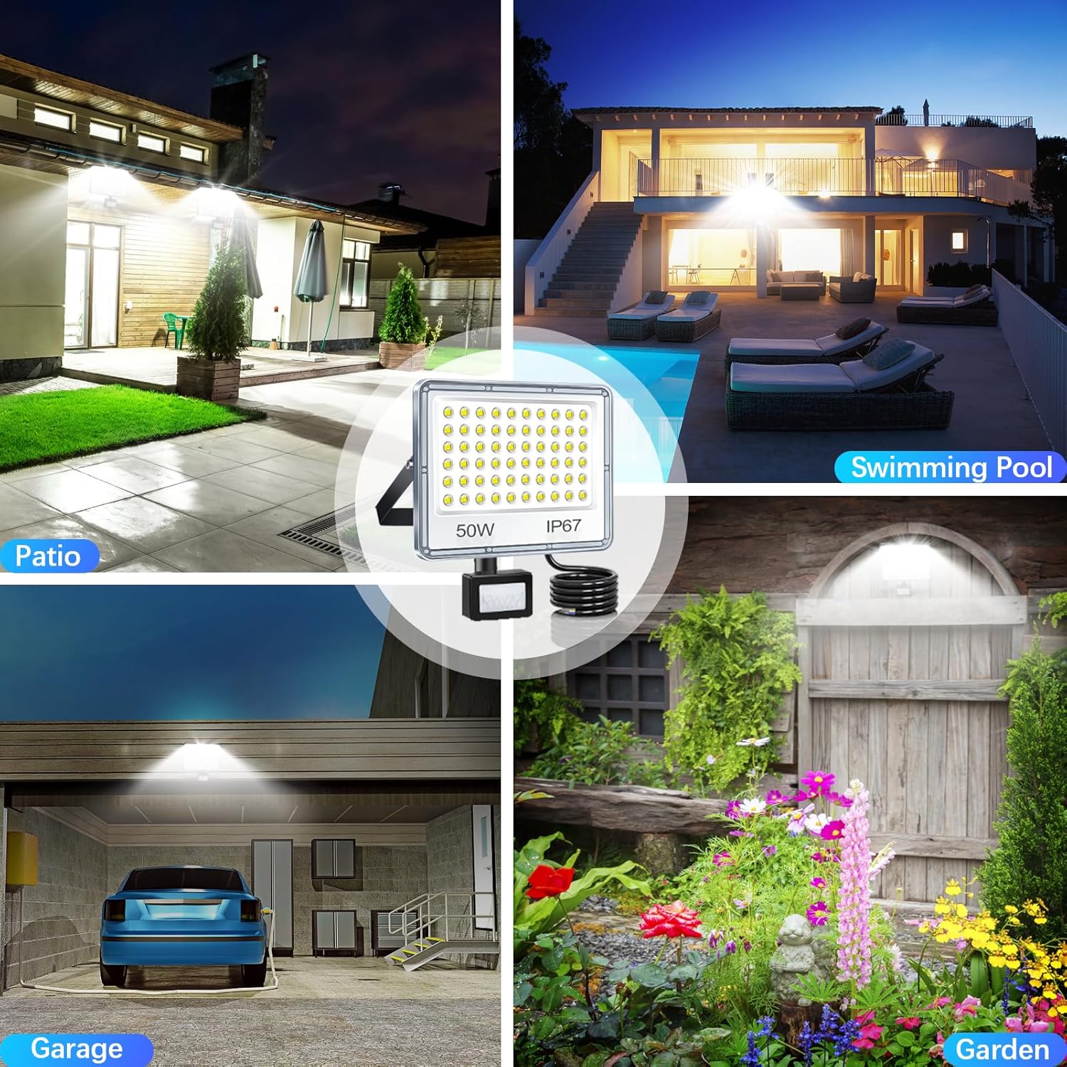 50W Outdoor Security Lights Motion Sensor, 5000LM LED Floodlight IP67