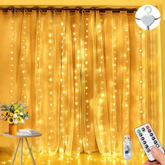 Curtain Fairy Lights, 3m×3m 300LED Fairy Lights for Bedroom with 8 Modes Remote Control Timer Adjustable Brightness, String Lights for Bedroom, Garden, Party, Wedding Decorations (Clear White)