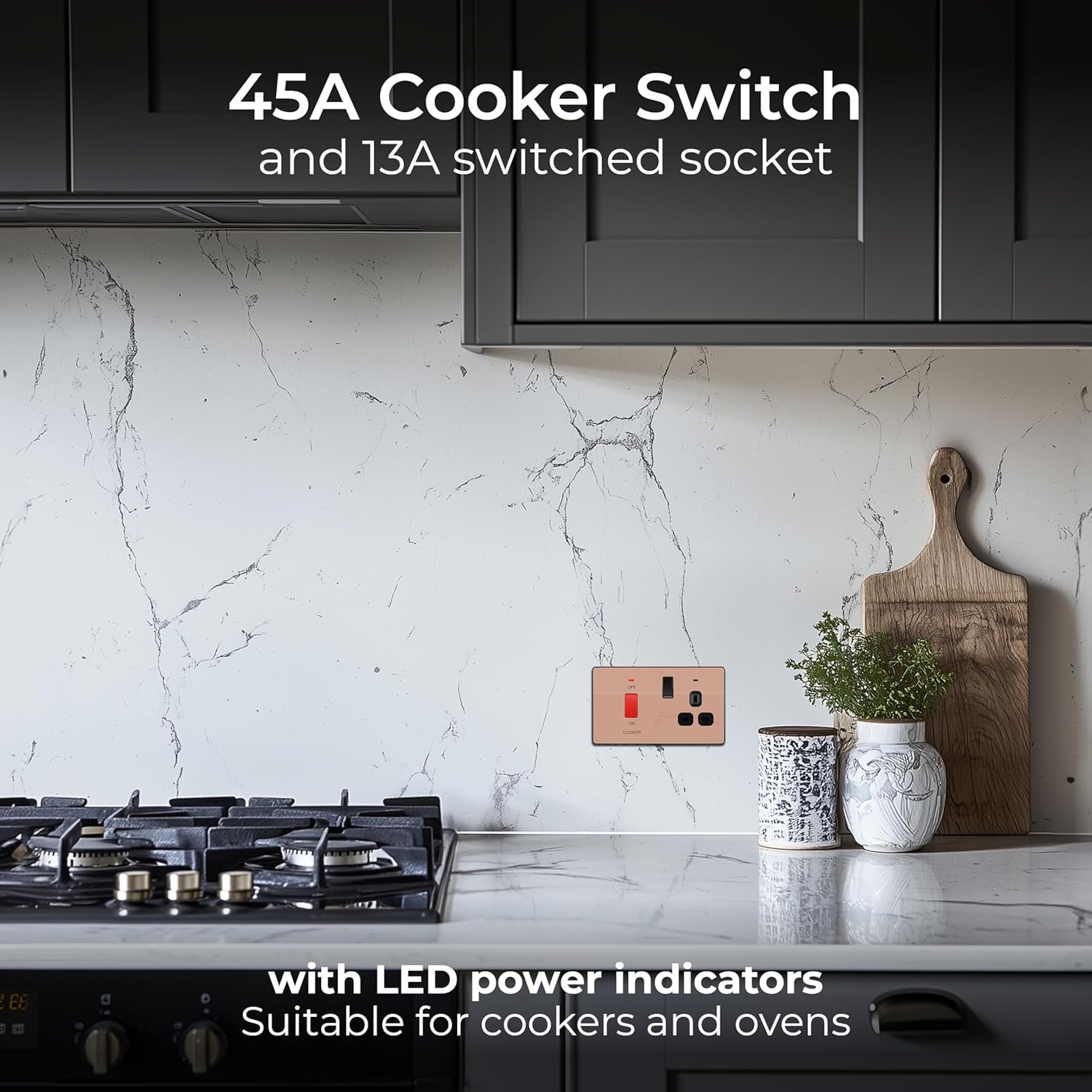 BG Electrical Cooker Switch with Socket and LED, Cooker Control Unit, Control Socket, Double Pole, Screwless Front Plate, Evolve, Polished Copper, 45A, PCDCP70B