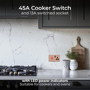 BG Electrical Cooker Switch with Socket and LED, Cooker Control Unit, Control Socket, Double Pole, Screwless Front Plate, Evolve, Polished Copper, 45A, PCDCP70B