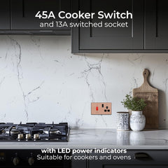 BG Electrical Cooker Switch with Socket and LED, Cooker Control Unit, Control Socket, Double Pole, Screwless Front Plate, Evolve, Polished Copper, 45A, PCDCP70B