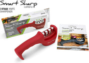Smart Sharp 3-Stage Knife Sharpener – Professional Manual Kitchen Knife Sharpening Tool with Ceramic Stone, Tungsten Carbide, and Diamond Rods – Ergonomic Non-Slip Design, Red/Chrome Finish