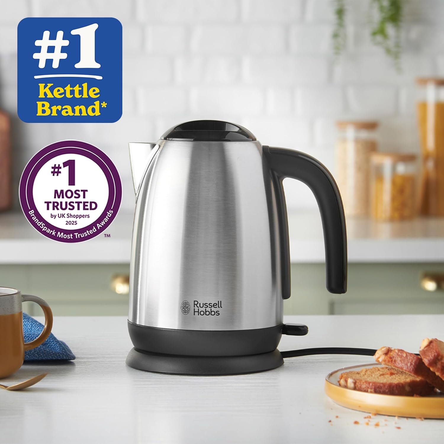 Brushed Stainless Steel & Black 1.7L Electric Kettle – Fast Boil 3KW, Perfect Pour Spout, Removable Anti-Scale Filter – 23910