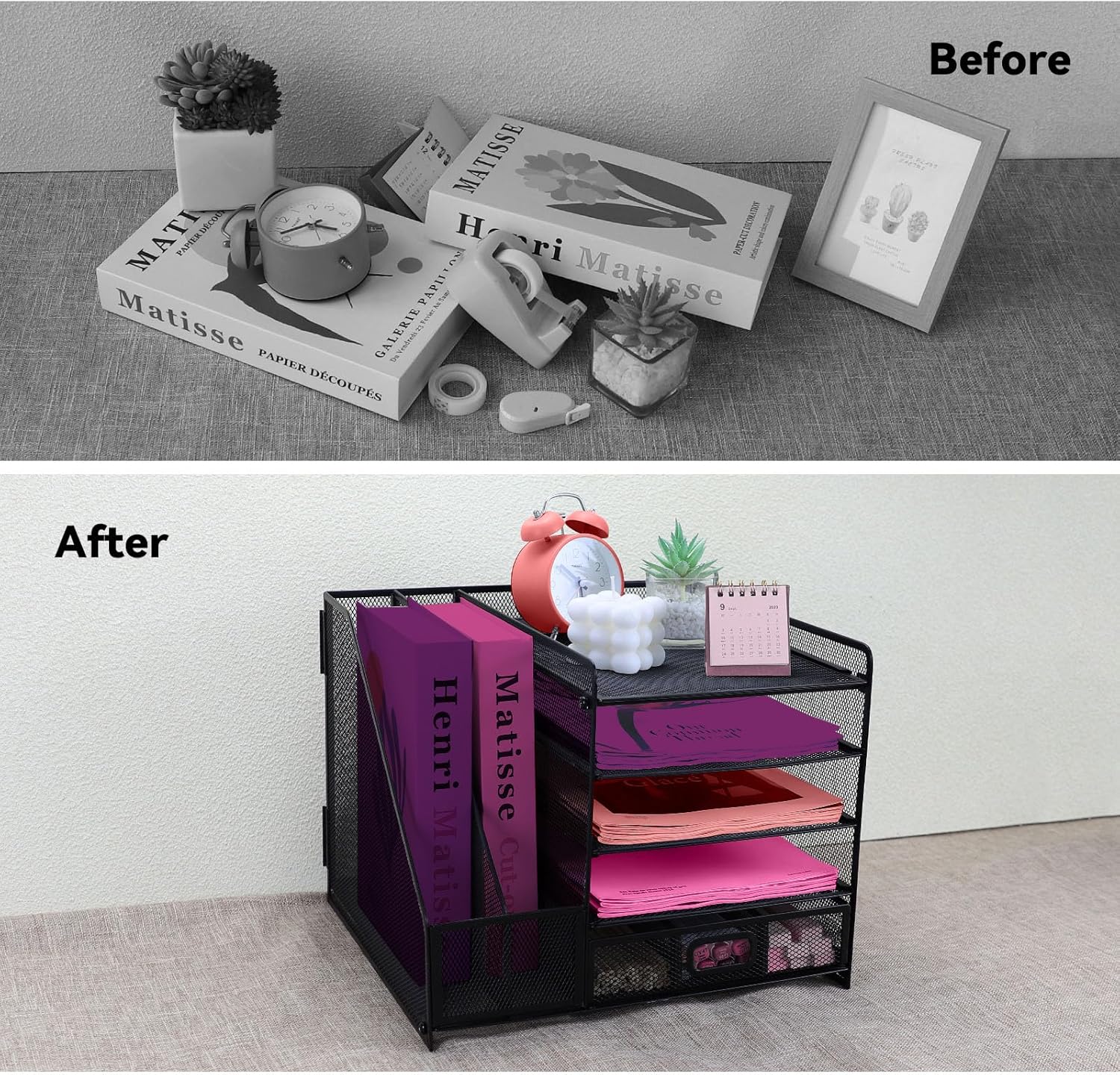 Desk Organiser with 2 Magazine Holders, 5-Tier Paper Tray, Drawer & Pen Holders – Black