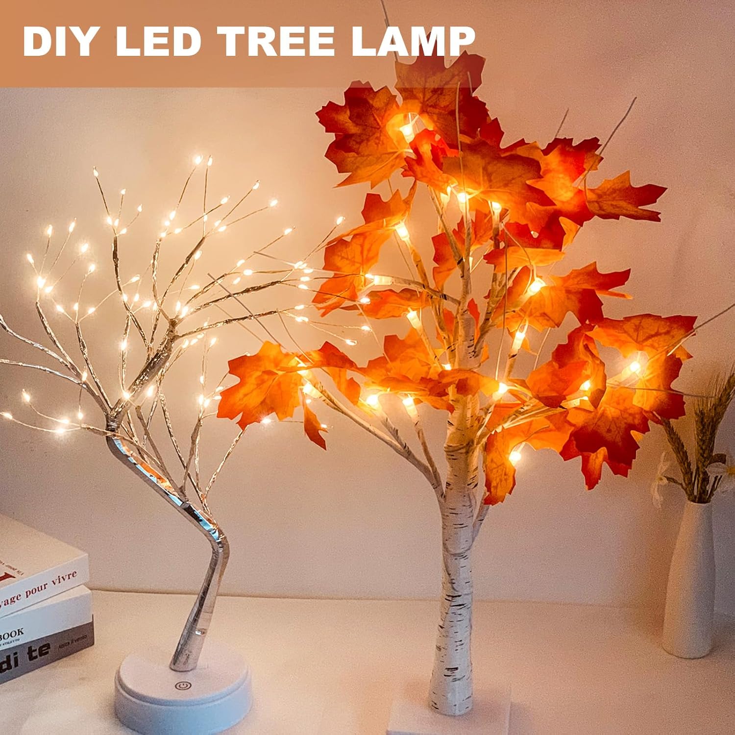LED Maple Tree Table Lamp with 24 LEDs, USB or Battery Powered Decorative Tree Light for Autumn and Christmas Home Décor