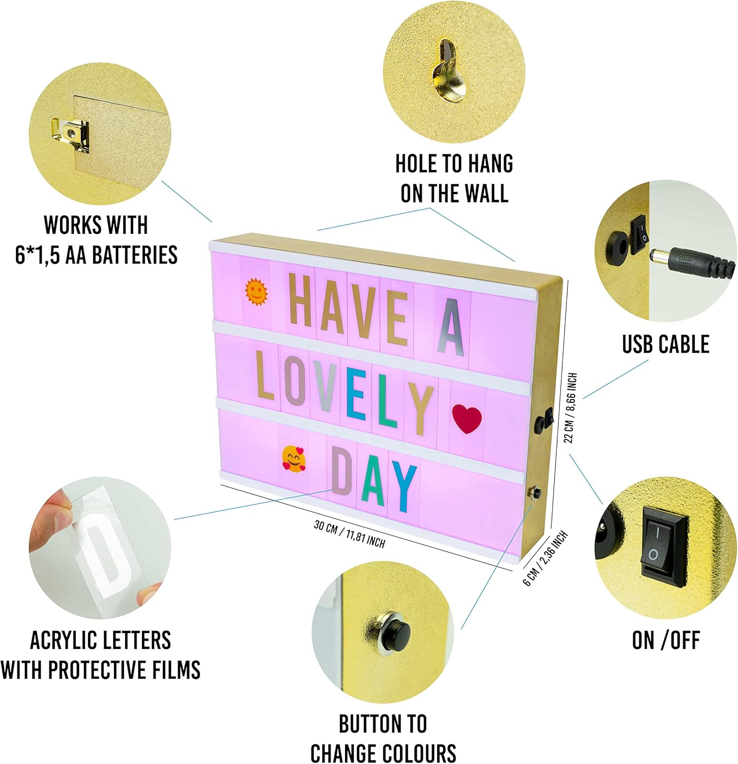 BONNYCO Gold Cinema Light Box A4 – 16 Colours, 400 Letters & Emojis
