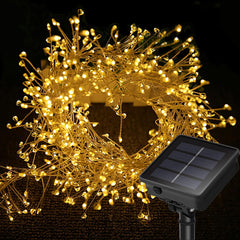 Solar Firecracker Lights 19.68Ft 200 LED Waterproof Cluster Lights 8 Lighting Mode Christmas Fairy Lights Fire Crackers Garland Fairy Light for Garden Wedding Party (Warm White)